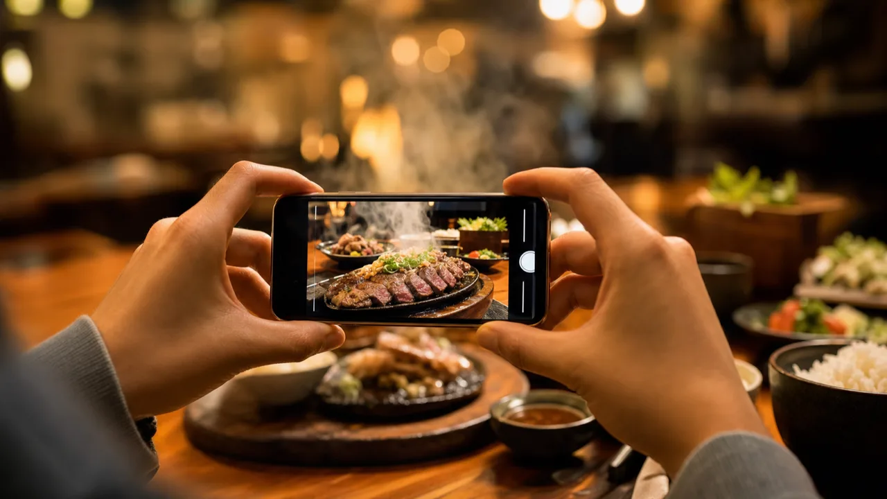 飲食店で料理をスマホで撮影する手元｜飲食店専門のSNS集客代行 グルメ探偵